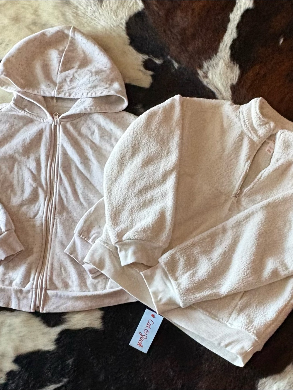 Girls Size Large Cat & Jack Cream Zip Hoodie and Pullover Sweatshirt Set